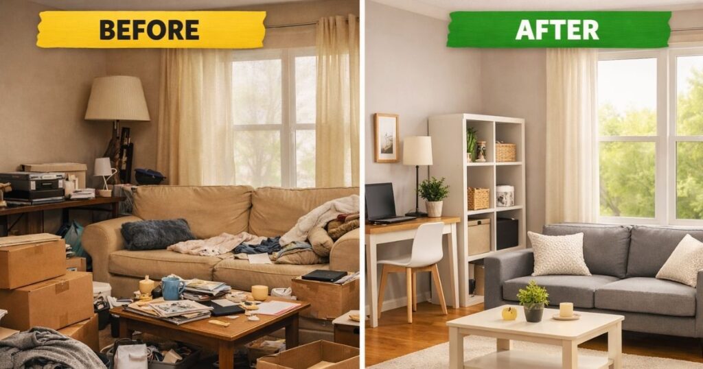 Before‑and‑after view of a cluttered room transformed into a clean, organized space, illustrating how reducing clutter impacts your mental health in a positive way.