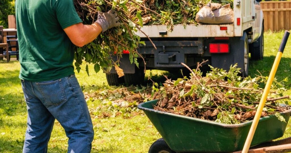 Crew performing yard debris removal in Columbia SC during summer, clearing branches and outdoor clutter.
